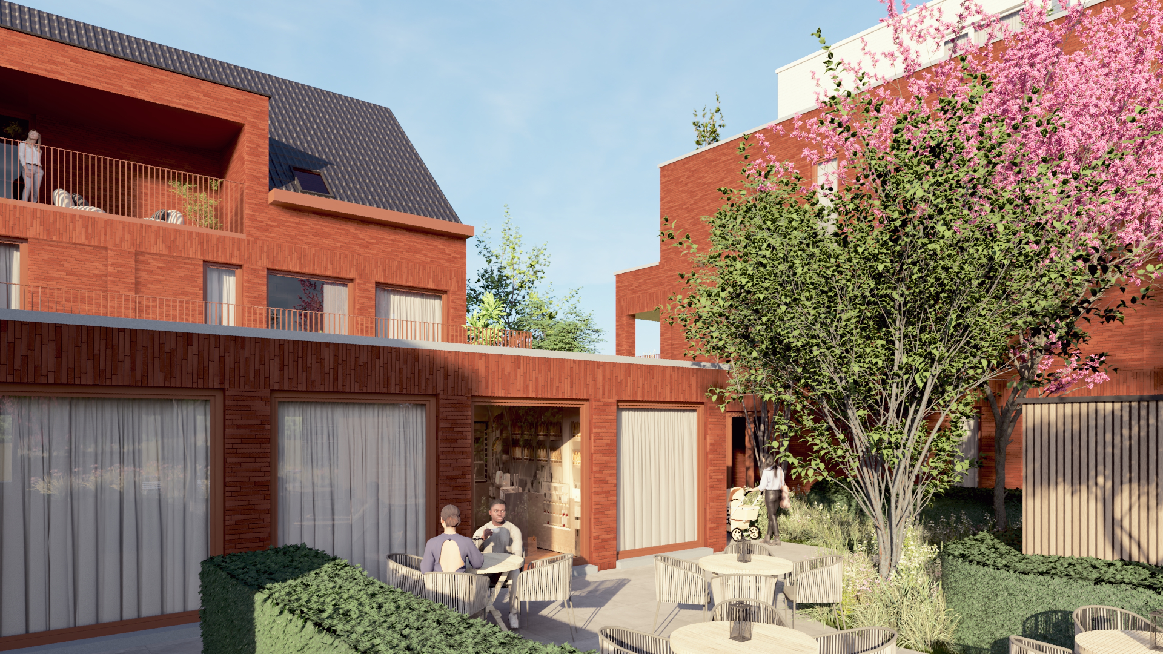 De ruime leefruimtes vloeien drempelloos over in grote terrassen met exclusief parkzicht. 